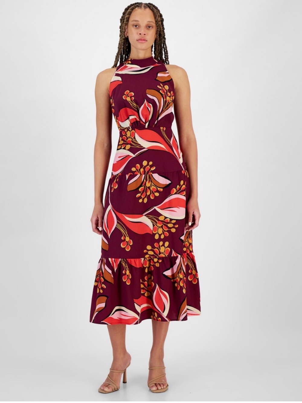 Sam Edelman NWT Hoyal Floral High-Neck Midi Dress - Wine Multi